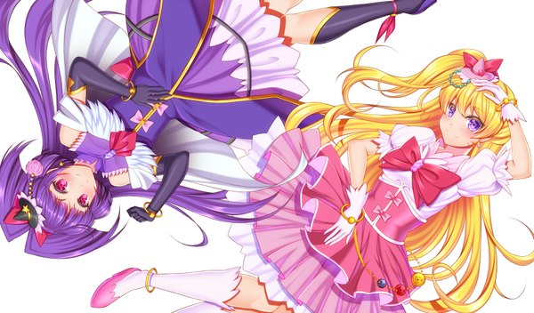 Anime picture 1762x1036 with precure mahou girls precure! toei animation asahina mirai cure miracle izayoi riko cure magical shiboru long hair looking at viewer blush highres blonde hair smile wide image white background purple eyes multiple girls purple hair one side up