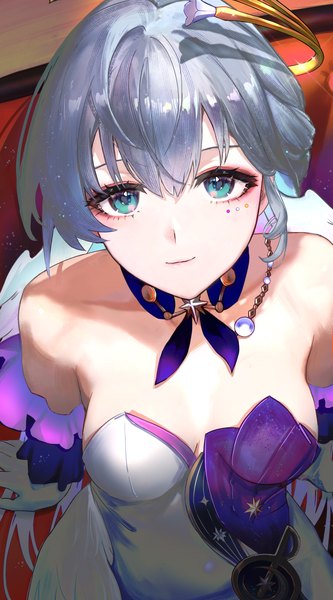 Anime picture 1660x2987 with honkai: star rail honkai (series) robin (honkai: star rail) c1718259 single long hair tall image looking at viewer fringe breasts light erotic hair between eyes sitting aqua eyes from above light smile grey hair arm support facial mark looking up