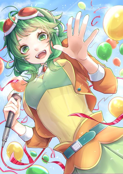 Anime-Bild 2893x4092 mit vocaloid gumi mai mugi single tall image looking at viewer highres short hair open mouth green eyes :d green hair from below goggles on head girl microphone goggles balloon