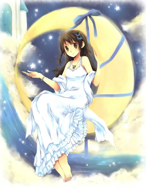 Anime picture 1400x1800 with original nemurou single long hair tall image looking at viewer brown hair bare shoulders brown eyes no shoes girl dress hair ornament bracelet hairclip scarf moon necklace