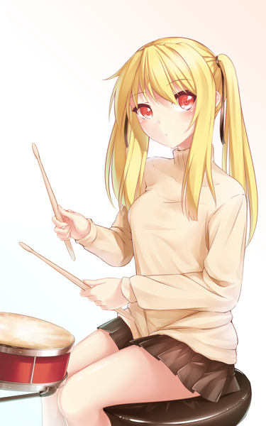 Anime picture 800x1280 with sakura-sou no pet na kanojo j.c. staff shiina mashiro npt (akzkfhsk0503) single long hair tall image looking at viewer blush fringe simple background blonde hair red eyes sitting twintails holding pleated skirt gradient background girl skirt
