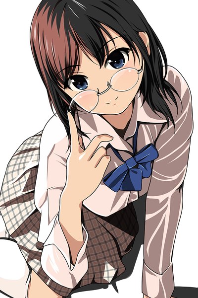 Anime picture 800x1200 with original matsunaga kouyou single tall image looking at viewer short hair blue eyes smile brown hair girl skirt shirt glasses