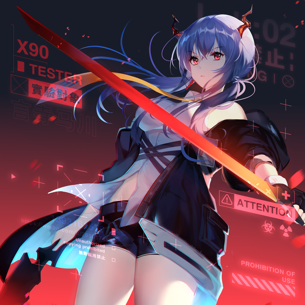 Anime picture 1800x1800 with arknights ch'en (arknights) yu jiu single long hair fringe highres hair between eyes red eyes twintails blue hair horn (horns) low twintails girl weapon sword shorts short shorts