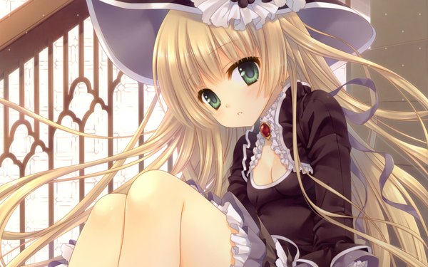 Anime picture 1920x1200 with gosick studio bones victorique de blois tatekawa mako long hair highres blonde hair wide image green eyes girl dress ribbon (ribbons) hat