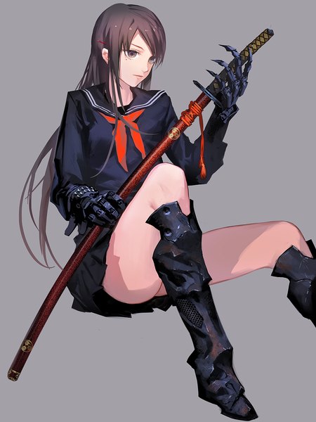 Anime picture 750x1000 with original ochurucchuru single long hair tall image simple background brown hair sitting holding brown eyes looking away bent knee (knees) pleated skirt lips grey background mole mole under eye sheathed mechanical arms girl
