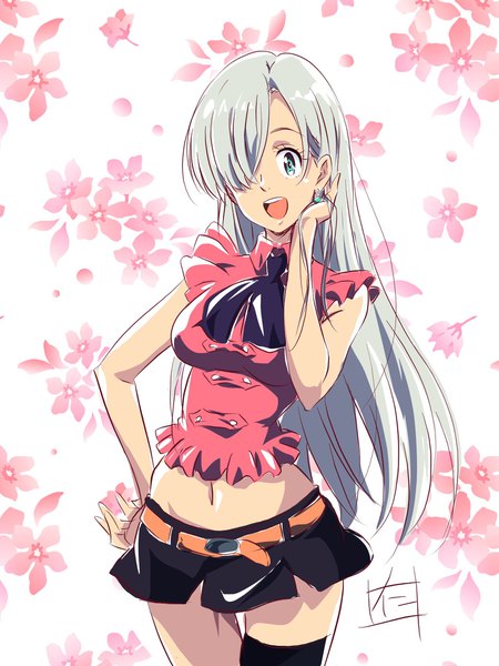 Anime picture 1536x2046 with nanatsu no taizai a-1 pictures elizabeth liones nii manabu single long hair tall image looking at viewer fringe open mouth blue eyes signed silver hair hair over one eye midriff hand on hip adjusting hair floral background girl thighhighs