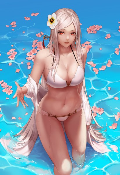 Anime picture 1022x1485 with dungeon and fighter monaim single tall image looking at viewer fringe breasts light erotic blonde hair red eyes large breasts standing bare shoulders payot cleavage very long hair parted lips hair flower from above lips