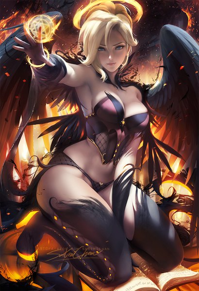 Anime picture 753x1100 with overwatch blizzard entertainment mercy (overwatch) witch mercy sakimichan single tall image looking at viewer fringe breasts blue eyes light erotic blonde hair large breasts signed lips realistic armpit (armpits) high heels kneeling