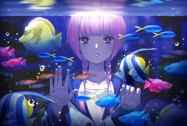 Anime picture 1600x1080 with virtual youtuber kamitsubaki studio virtual kaf kaf (kamitsubaki studio) kouno47 single long hair looking at viewer fringe blue eyes signed pink hair upper body blunt bangs braid (braids) :o twin braids dated against glass girl