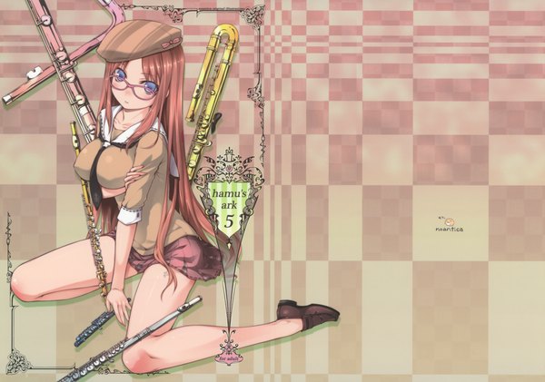 Anime picture 4308x3024 with original ooji (artist) single long hair highres blue eyes absurdres red hair girl uniform school uniform glasses necktie boots musical instrument flute