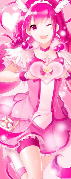 Anime picture 400x1000 with precure smile precure! toei animation hoshizora miyuki cure happy aile (crossroads) single long hair tall image looking at viewer open mouth twintails pink hair ahoge one eye closed pink eyes wink magic magical girl heart hands