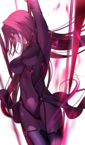 Anime picture 1800x3055 with fate (series) fate/grand order scathach (fate) (all) scathach (fate) mashima saki (mashimasa) single long hair tall image looking at viewer fringe highres breasts light erotic simple background hair between eyes red eyes large breasts standing payot purple hair