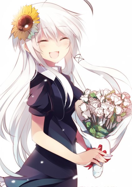 Anime picture 800x1133 with original anceril sacred mishima kurone single long hair tall image simple background smile white background ahoge white hair eyes closed hair flower girl dress hair ornament flower (flowers) bouquet