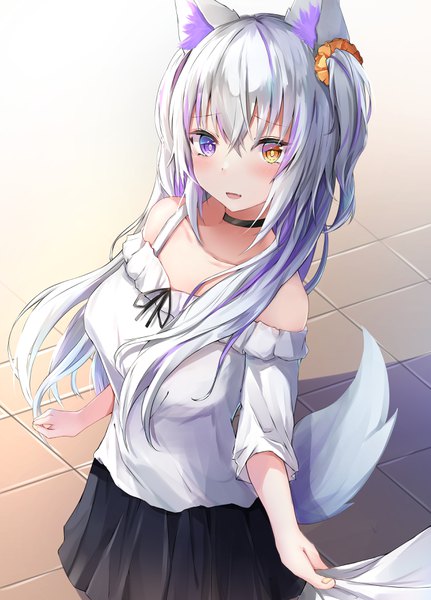 Anime picture 2530x3523 with original kurohikage single long hair tall image looking at viewer fringe highres breasts open mouth smile hair between eyes purple eyes bare shoulders animal ears payot silver hair tail :d animal tail
