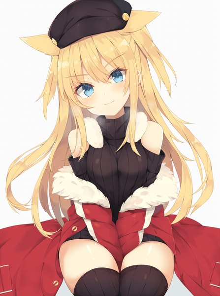 Anime picture 1200x1610 with original nibiiro shizuka single long hair tall image looking at viewer blush fringe blue eyes blonde hair simple background hair between eyes white background sitting bare shoulders animal ears head tilt light smile cat ears open jacket