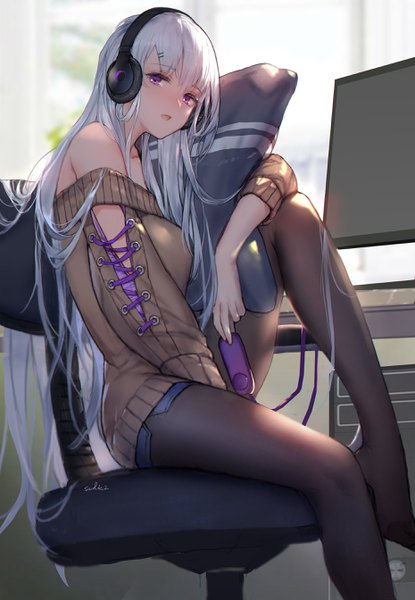 Anime picture 1860x2687 with original swd3e2 single long hair tall image looking at viewer blush fringe highres breasts open mouth hair between eyes sitting purple eyes bare shoulders signed silver hair bent knee (knees) indoors head tilt