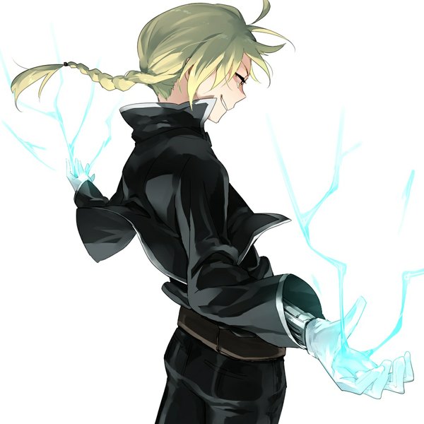 Anime picture 1024x1024 with fullmetal alchemist studio bones edward elric single long hair blonde hair simple background smile white background yellow eyes ahoge braid (braids) lightning boy gloves jacket belt suit