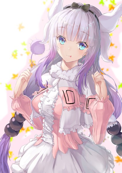 Anime picture 1810x2560 with kobayashi-san chi no maidragon kyoto animation kanna kamui old 3xmeat single long hair tall image looking at viewer fringe highres blue eyes twintails payot silver hair purple hair tail blunt bangs horn (horns) low twintails gradient hair