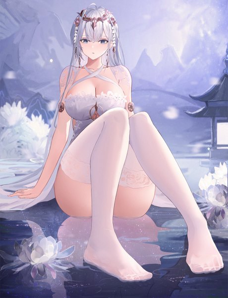 Anime picture 2632x3432 with azur lane emden (azur lane) emden (moonsilver union) (azur lane) dido (magicc) single tall image fringe highres breasts blue eyes light erotic hair between eyes large breasts sitting looking away cleavage ahoge bent knee (knees) outdoors white hair