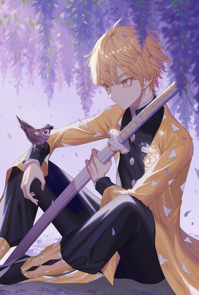 Anime picture 2696x4000 with kimetsu no yaiba ufotable agatsuma zenitsu bilibilida single tall image highres short hair blonde hair sitting holding yellow eyes looking away traditional clothes japanese clothes sheathed bird on hand boy flower (flowers) weapon