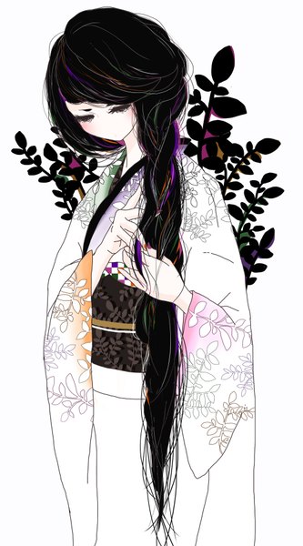 Anime picture 1000x1800 with original mzhbank single long hair tall image fringe black hair simple background standing white background brown eyes blue hair purple hair braid (braids) long sleeves traditional clothes japanese clothes orange hair wide sleeves single braid