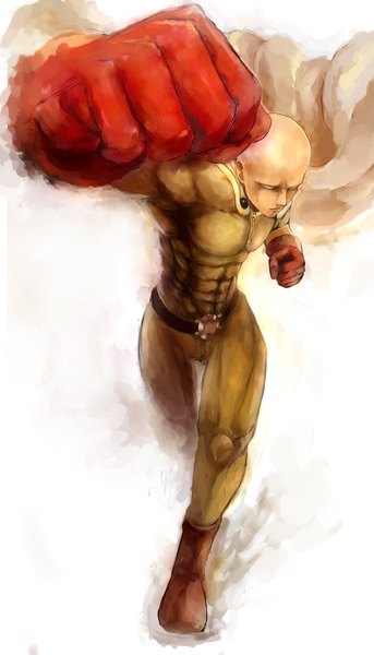 Anime picture 2633x4603 with one-punch man madhouse saitama (one-punch man) yoziman single tall image highres simple background white background abs skin tight foreshortening bald superhero punch manly boy gloves boots belt