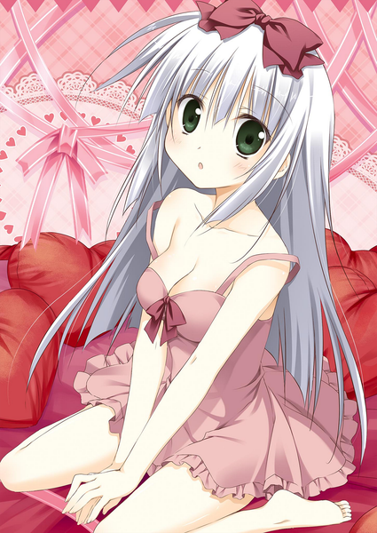 Anime-Bild 1451x2048 mit alice or alice rise (alice or alice) korie riko single long hair tall image looking at viewer blush fringe breasts open mouth light erotic hair between eyes large breasts sitting green eyes cleavage full body white hair barefoot