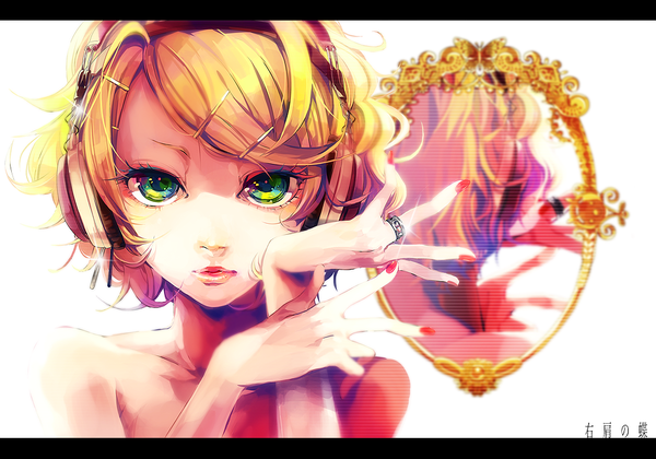 Anime picture 1000x700 with vocaloid kagamine rin akiakane single looking at viewer short hair blonde hair bare shoulders green eyes upper body nail polish lips letterboxed face red nail polish girl hair ornament headphones bobby pin ring