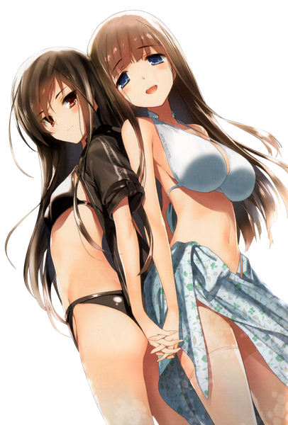 Anime picture 1000x1477 with accel world sunrise (studio) kuroyukihime kurasaki fuuko hima long hair tall image looking at viewer blush fringe breasts open mouth blue eyes light erotic simple background red eyes brown hair large breasts multiple girls blunt bangs