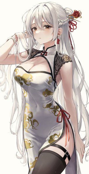 Anime picture 1608x3150 with original ekina (1217) single long hair tall image blush fringe breasts light erotic simple background hair between eyes large breasts standing white background brown eyes looking away cleavage silver hair braid (braids) traditional clothes