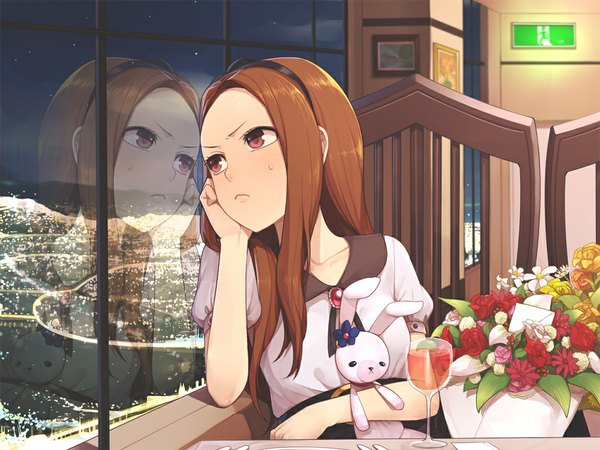 Anime picture 1000x750 with idolmaster minase iori hitoto single long hair blush brown hair sitting brown eyes looking away night cityscape city lights girl dress flower (flowers) window hairband toy stuffed animal