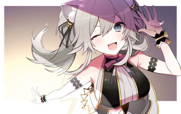 Anime picture 3541x2236 with virtual youtuber hololive shishiro botan uehara (dormmmmir ) single long hair looking at viewer fringe highres open mouth hair between eyes animal ears absurdres one eye closed grey hair wink grey eyes fang (fangs) sleeveless official alternate costume