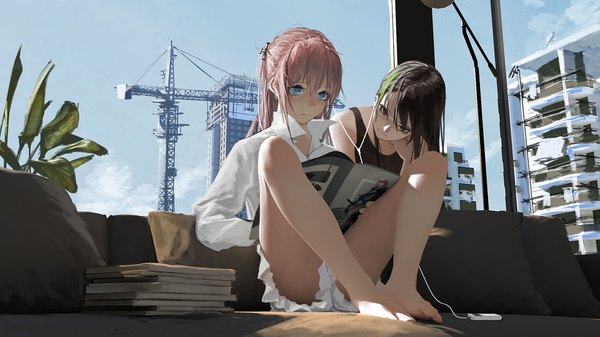 Anime picture 1920x1080 with girls frontline m4a1 (girls frontline) st ar-15 (girls frontline) tacshojosora long hair highres blue eyes light erotic black hair wide image sitting multiple girls pink hair sky cloud (clouds) full body indoors multicolored hair barefoot green hair