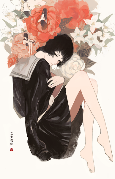 Anime picture 950x1474 with original chou osamu long hair tall image short hair black hair simple background white background sitting black eyes inscription legs hieroglyph covering minigirl no face embryo's pose girl uniform flower (flowers)