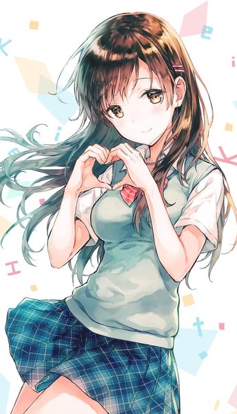 Anime picture 500x872 with hiten (hitenkei) single long hair tall image looking at viewer blush breasts simple background smile brown hair white background yellow eyes ahoge head tilt pleated skirt plaid skirt heart hands girl skirt uniform