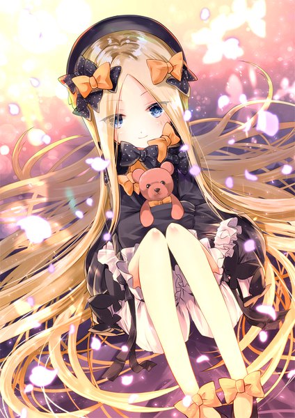 Anime picture 1000x1414 with fate (series) fate/grand order abigail williams (fate) iroha (shiki) single tall image looking at viewer blush blue eyes blonde hair sitting very long hair light smile dutch angle girl bow hair bow hat petals toy