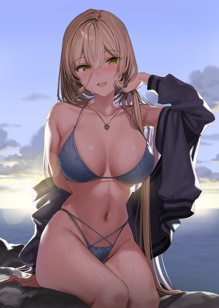 Anime picture 1710x2400 with virtual youtuber nijisanji nui sociere kanzarin (hoochikiss) single long hair tall image looking at viewer blush fringe highres breasts open mouth light erotic blonde hair smile hair between eyes large breasts sitting yellow eyes
