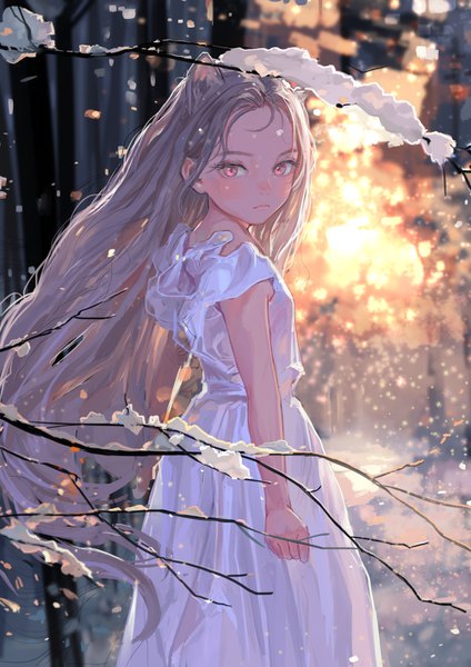 Anime picture 1000x1415 with original feiqizi (fkey) fkey single long hair tall image looking at viewer blush fringe red eyes standing animal ears wind grey hair turning head light snowing winter snow extra ears