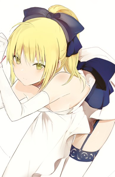 Anime picture 600x925 with fate (series) fate/stay night fate/unlimited blade works artoria pendragon (all) saber saber lily lpip single long hair tall image looking at viewer blush fringe breasts light erotic simple background blonde hair standing white background green eyes
