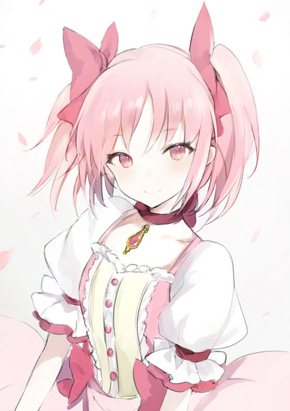 Anime picture 1240x1754 with mahou shoujo madoka magica shaft (studio) kaname madoka lpip single tall image looking at viewer short hair smile white background twintails pink hair upper body pink eyes puffy sleeves short twintails magical girl girl bow hair bow
