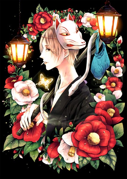 Anime picture 650x920 with original ragi (pluie) single tall image short hair blonde hair brown eyes looking away traditional clothes japanese clothes profile fingernails black background light smoking mask on head boy flower (flowers) kimono insect