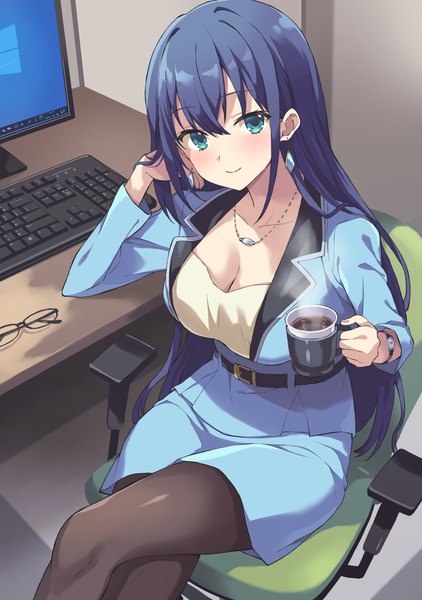 Anime picture 1478x2100 with engage kiss a-1 pictures yuugiri ayano rasahan (artist) single long hair tall image looking at viewer blush fringe breasts blue eyes smile hair between eyes sitting holding blue hair cleavage indoors long sleeves