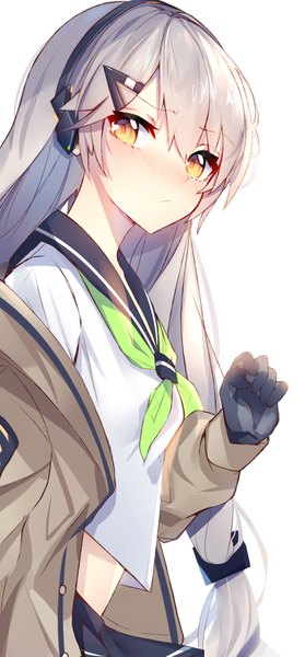 Anime-Bild 1653x3543 mit girls frontline mg4 (girls frontline) yanggang single long hair tall image looking at viewer blush fringe breasts simple background hair between eyes standing white background yellow eyes silver hair upper body off shoulder open jacket girl