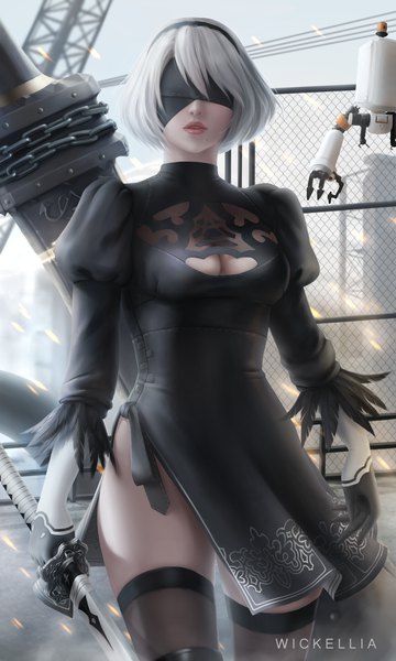 Anime picture 3000x5000 with nier nier:automata yorha no. 2 type b pod (nier:automata) wickellia single tall image fringe highres short hair breasts hair between eyes holding signed sky silver hair outdoors lips realistic mole