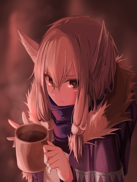 Anime picture 1200x1600 with original mikisai single long hair tall image looking at viewer fringe hair between eyes brown hair twintails holding brown eyes animal ears payot upper body depth of field fur trim low twintails face girl
