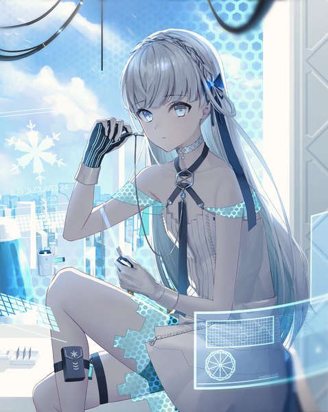 Anime picture 2749x3451 with original narukami arei single long hair tall image looking at viewer fringe highres blue eyes sitting bare shoulders holding signed sky silver hair cloud (clouds) indoors braid (braids) grey eyes twitter username