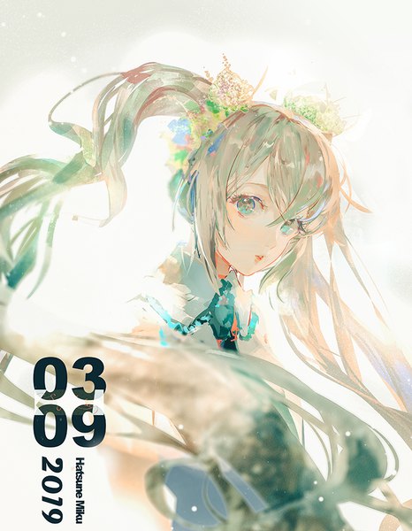 Anime picture 708x910 with vocaloid hatsune miku say hana single long hair tall image looking at viewer fringe hair between eyes twintails upper body parted lips aqua eyes aqua hair character names dated 2019 39 girl necktie