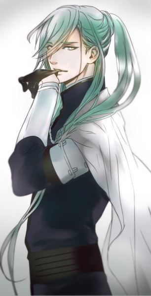 Anime picture 479x939 with touken ranbu nitroplus nikkari aoe enjin y single long hair tall image looking at viewer fringe simple background holding ponytail hair over one eye aqua hair heterochromia gradient background mouth hold turning head glove biting boy