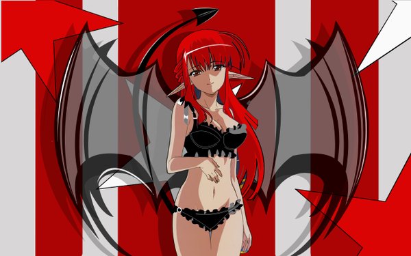 Anime picture 1280x800 with shuffle! nerine hosoda naoto single long hair looking at viewer light erotic red eyes wide image red hair tail pointy ears wallpaper underwear only demon girl demon tail third-party edit demon wings alternate hair color girl