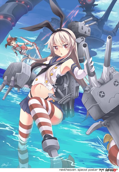 Anime picture 744x1076 with kantai collection vividred operation shimakaze destroyer rensouhou-chan isshiki akane sakura ayane mystic (mysticswordsman21) long hair tall image looking at viewer open mouth light erotic blonde hair brown hair multiple girls brown eyes cloud (clouds) flying girl thighhighs